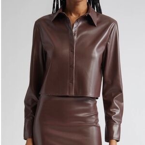 Alice + Olivia Leon Crop Faux Leather Button-up Shirt In Brown Medium NWT